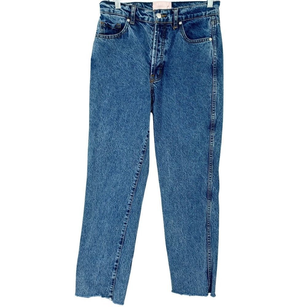 Revice High Rise Button Fly Straight Leg Jeans Women's 28 Frayed Hem Medium Wash